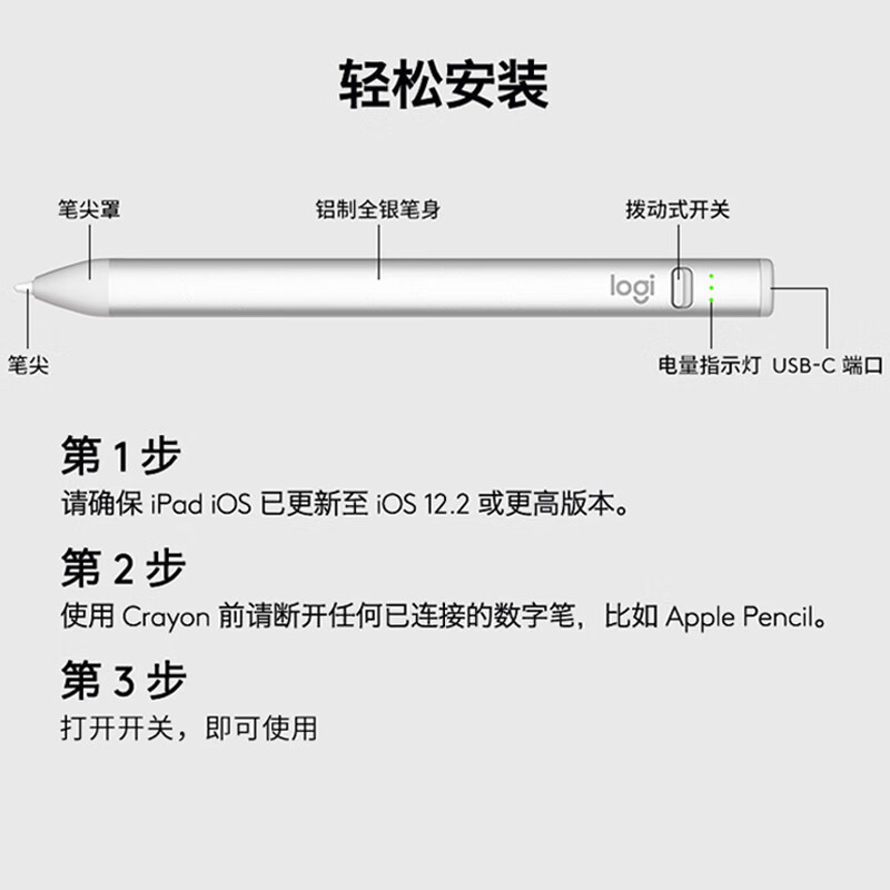 罗技Crayon数字笔2代（USB-C端口）【限量送Crayon笔袋】