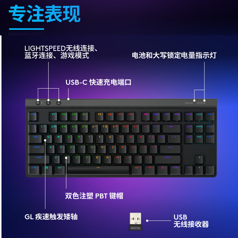 罗技G515 LIGHTSPEED TKL 矮轴无线游戏键盘（黑色，T轴）